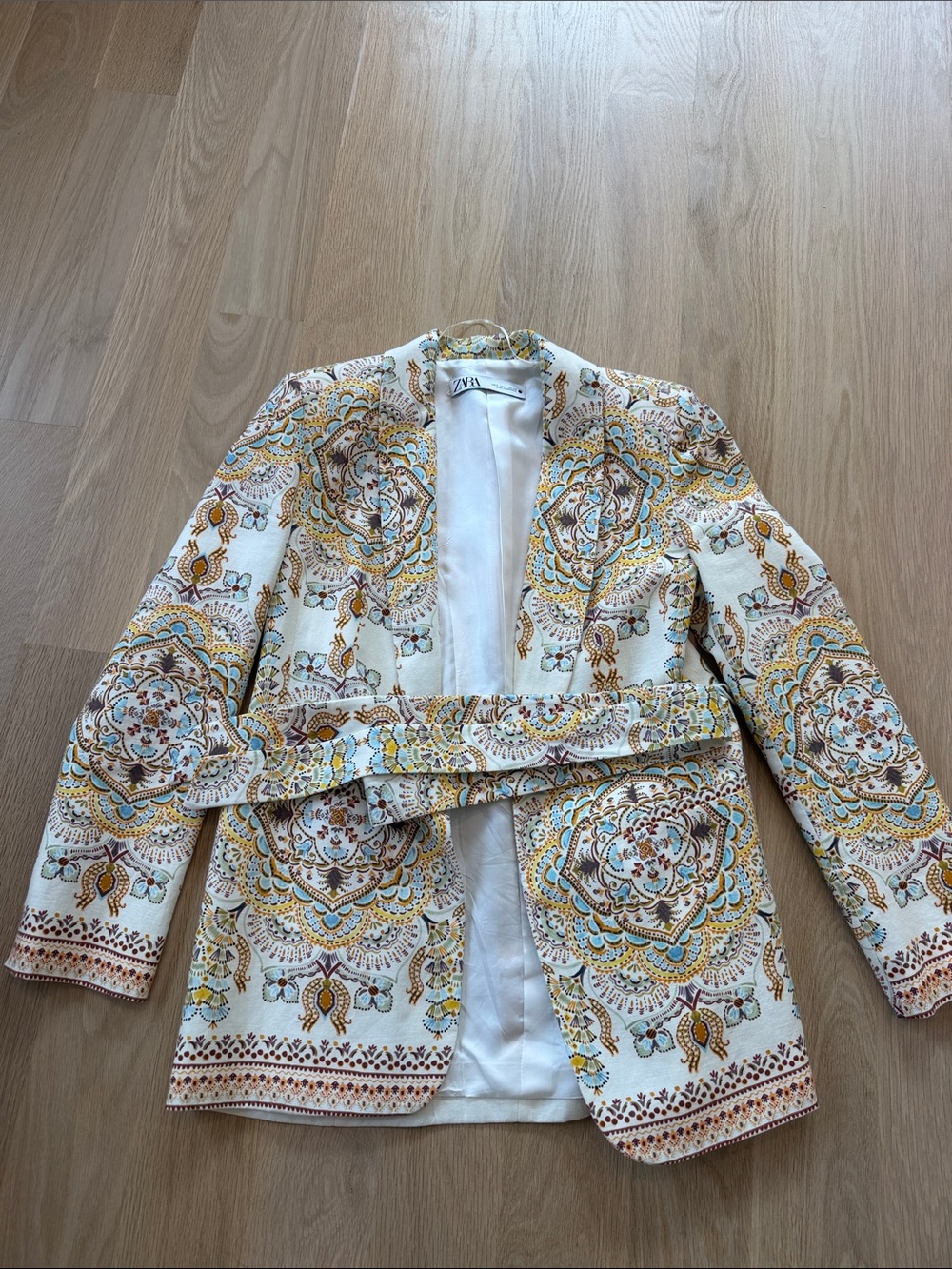 Zara Cream Floral Embroidered Belted Blazer with Yellow & Brown Accents